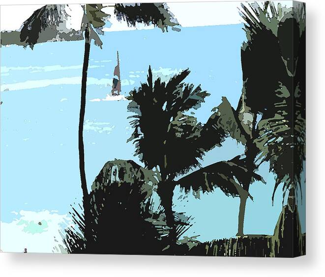 Hawaii Canvas Print featuring the digital art Sailboat and Luscious Palms #1 by Karen Nicholson