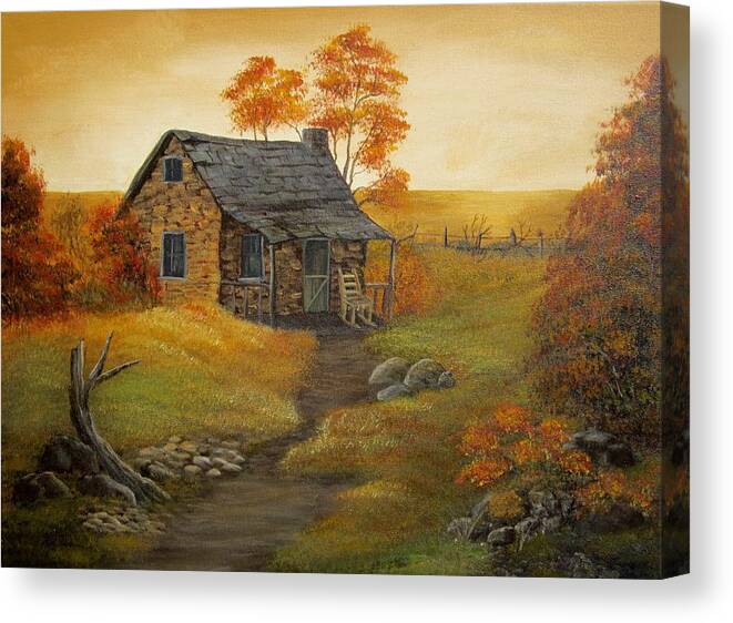 Cabin Canvas Print featuring the painting Stone Cabin #2 by Kathy Sheeran