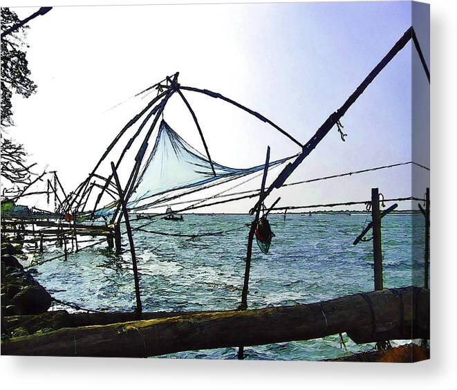 Action Canvas Print featuring the digital art Fishing nets on the sea coast in Alleppey #11 by Ashish Agarwal