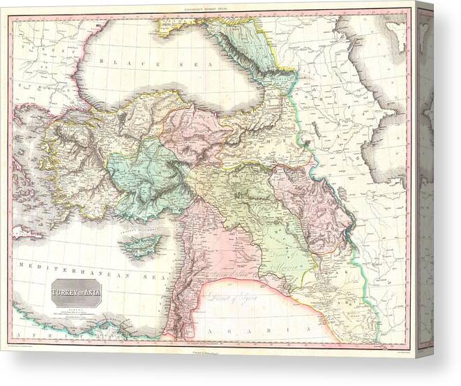 This Is John Pinkerton's Stunning 1818 Map Of Turkey In Asia. Covers The Holdings Of The Early 19th Century Ottoman Empire In Asia Canvas Print featuring the photograph 1818 Pinkerton Map of Turkey in Asia Iraq Syria and Palestine by Paul Fearn