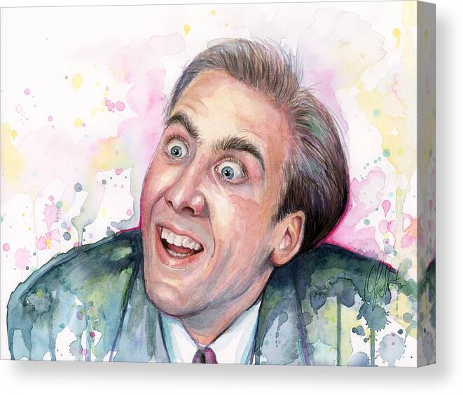 Nic Cage Canvas Print featuring the painting Nicolas Cage You Don't Say Watercolor Portrait by Olga Shvartsur