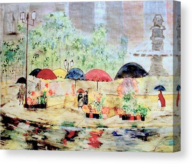 Art Prints Canvas Print featuring the painting Umbrellas and Flowers  by Rick Todaro