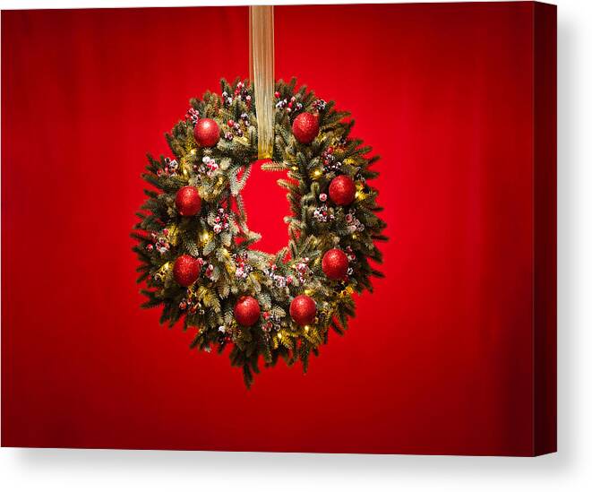 Advent Canvas Print featuring the photograph Advent wreath over red background #4 by U Schade