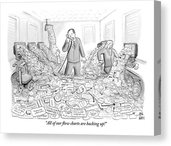 Floods Canvas Print featuring the drawing A Businessman Talks On The Phone As His Office by Paul Noth