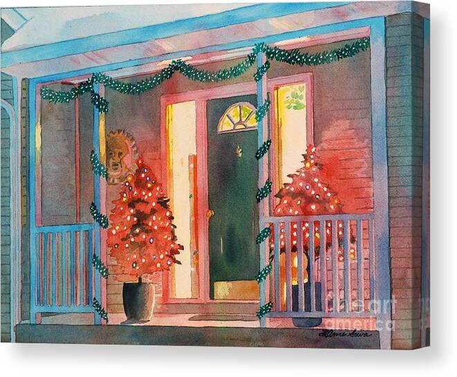 Christmas Canvas Print featuring the painting A Christmas at Home, House Prints, Porch Prints, House Paintings, House Prints, Christmas Paintings, by LeAnne Sowa