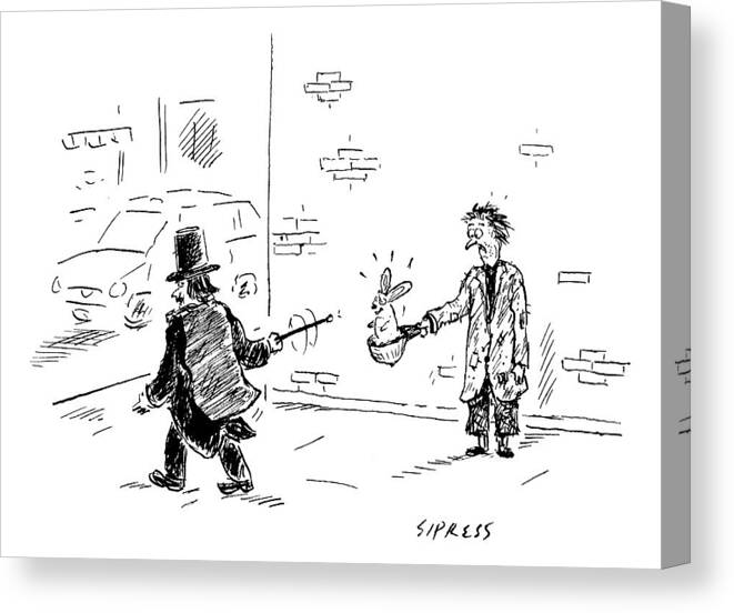 Magicians Canvas Print featuring the drawing A Magician Points His Wand At A Beggar's Hat by David Sipress