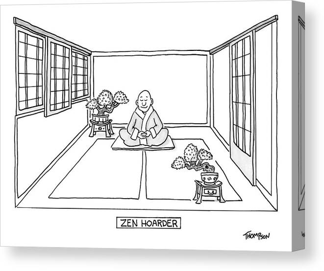 Hoarder Canvas Print featuring the drawing A Man Meditates In The Middle Of A Sparse Room by Mark Thompson