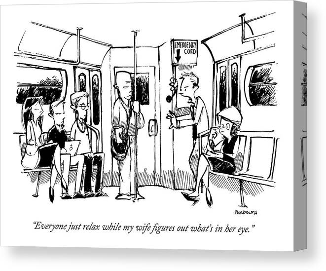 Subway Canvas Print featuring the drawing A Man On The Subway Speaks To Other Passengers by Corey Pandolph