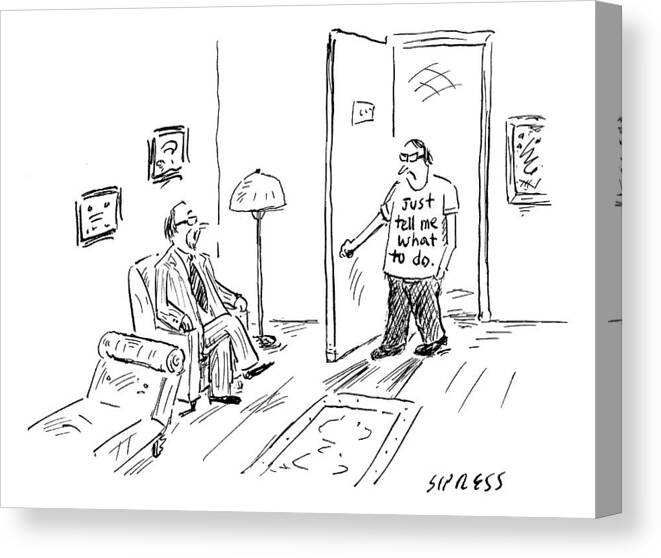 T-shirt Canvas Print featuring the drawing A Man Walks In Through The Doorway To See by David Sipress