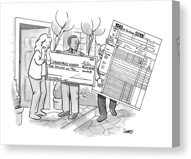 Taxes Canvas Print featuring the drawing A Man With A Giant Sweepstakes Check by Benjamin Schwartz