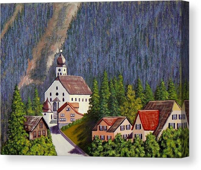 Painting Canvas Print featuring the painting Alpine Church by Ray Nutaitis