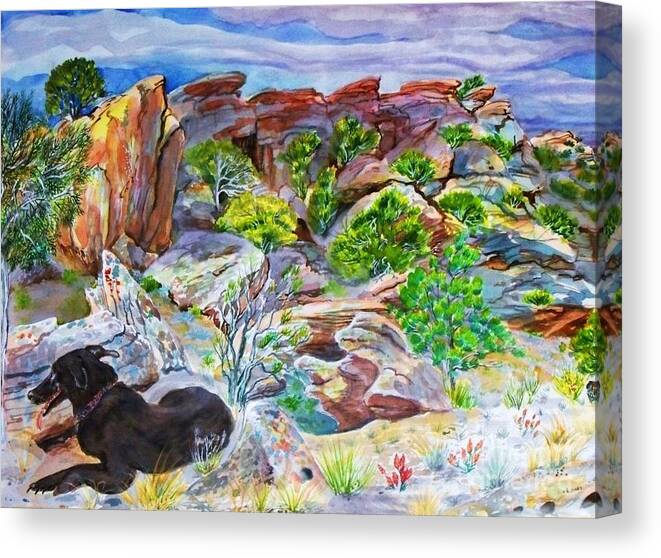 Desert Colors Brightly Enhanced From Original Canvas Print featuring the painting Ancient Camp Ground and Labrador by Annie Gibbons