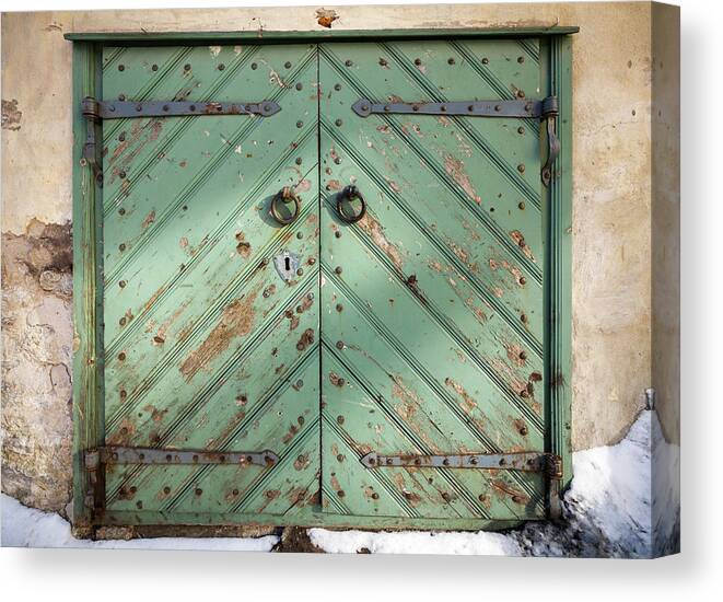 Arch Canvas Print featuring the photograph Ancient Green Wooden Gate In Old by Eugenesergeev