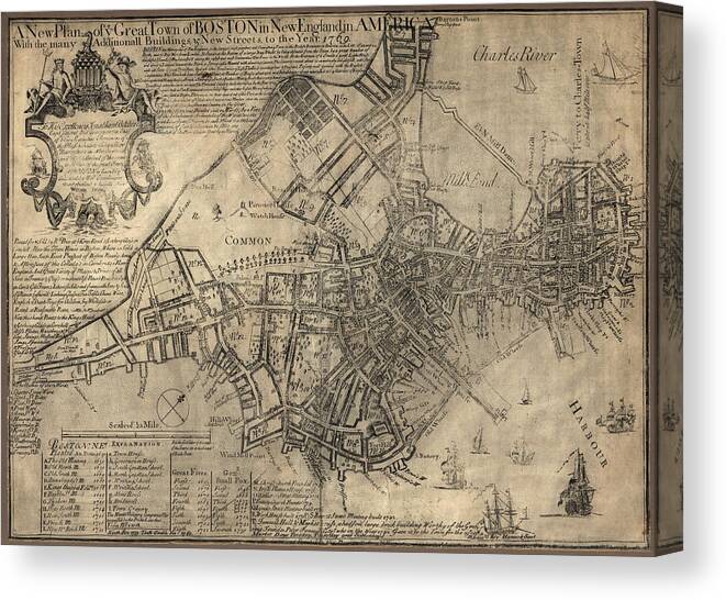 Boston Canvas Print featuring the drawing Antique Map of Boston by William Price - 1769 by Blue Monocle