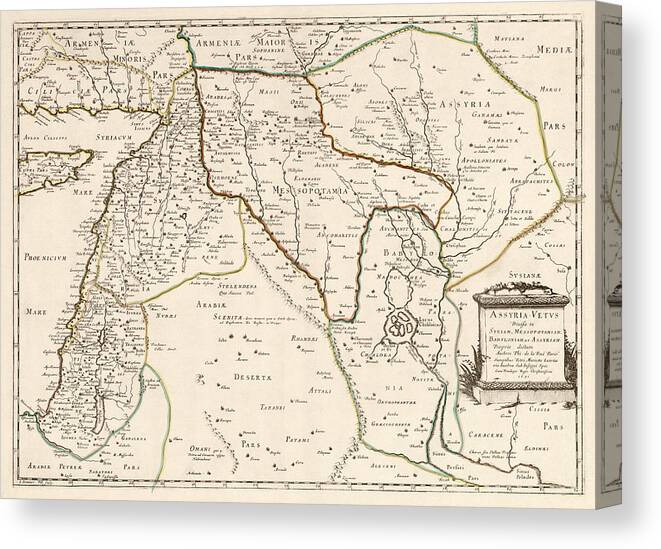 Middle East Canvas Print featuring the drawing Antique Map of the Middle East by Philippe de La Rue - 1651 by Blue Monocle