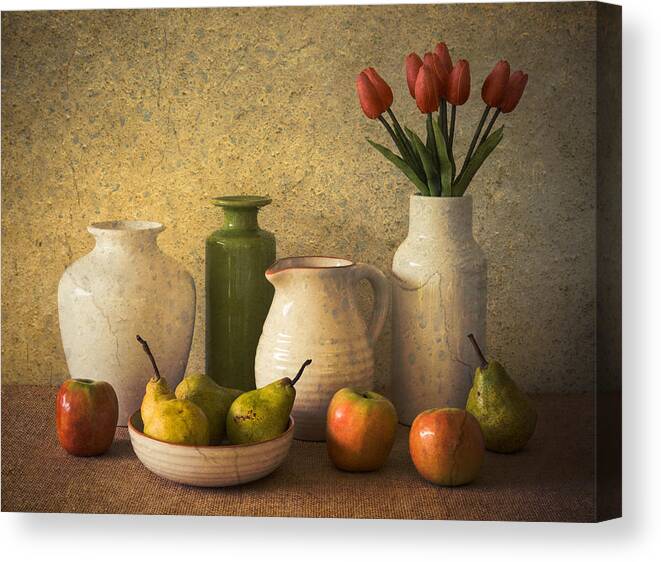 Still Life Canvas Print featuring the photograph Apples Pears And Tulips by Jacqueline Hammer