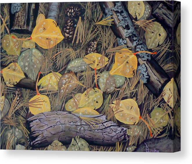 Outdoors Canvas Print featuring the painting Aspen leaves and needles by Ray Nutaitis