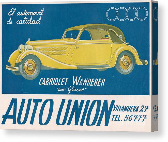 Adverts Canvas Print featuring the drawing Auto Union Audi 1930s Usa Cc Cars by The Advertising Archives