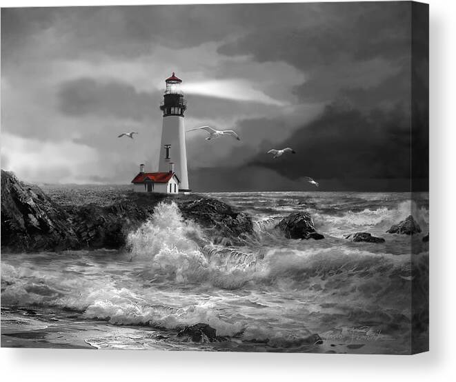 Seascape With The Yaquina Lighthouse In Black And White Oil Painting Canvas Print featuring the painting Beam of Hope in Black and White by Regina Femrite
