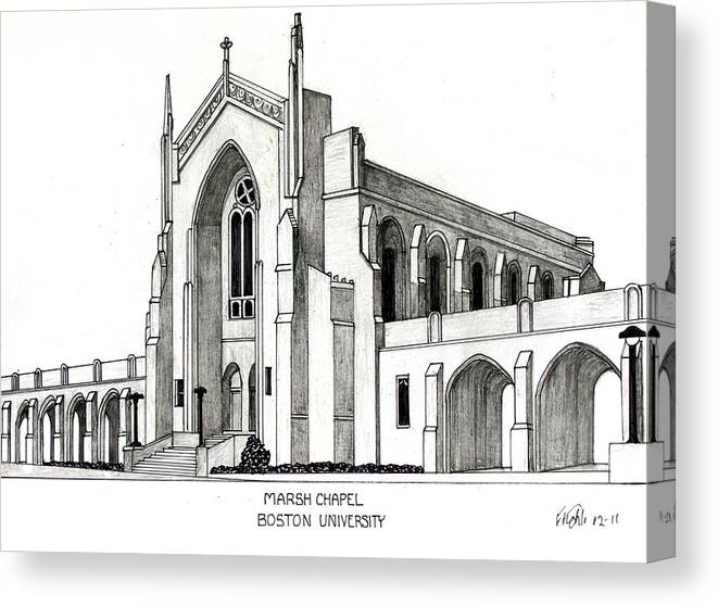 University Buildings Drawings Canvas Print featuring the drawing Boston University Marsh Chapel by Frederic Kohli
