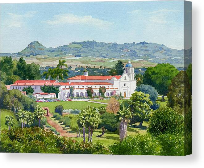 California Canvas Print featuring the painting California Mission San Luis Rey by Mary Helmreich