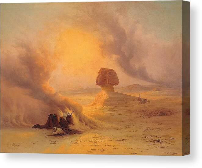 Desert Canvas Print featuring the painting Caravan caught in the Sinum wind near Gizah by Johann Jakob Frey