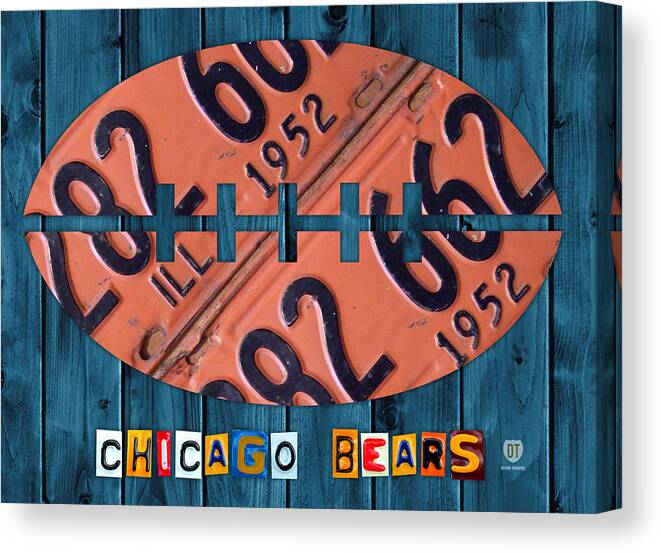 Chicago Canvas Print featuring the mixed media Chicago Bears Football Recycled License Plate Art by Design Turnpike