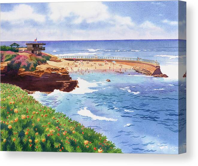 Children's Pool In La Jolla Canvas Print featuring the painting Children's Pool in La Jolla by Mary Helmreich