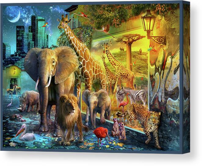 City Canvas Print featuring the drawing City Animals by MGL Meiklejohn Graphics Licensing