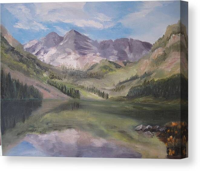 Colorado Mountain Setting With Lake Canvas Print featuring the painting Colorado reflections by Roberta Rotunda