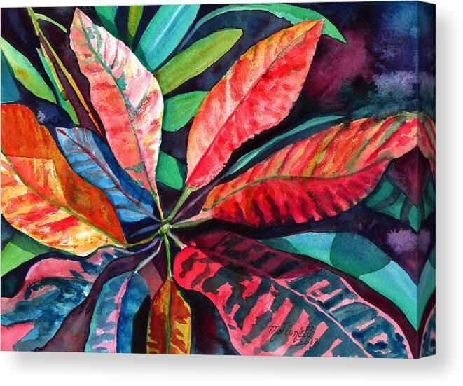 Tropical Leaves Canvas Print featuring the painting Colorful Tropical Leaves 2 by Marionette Taboniar