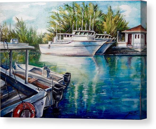 Boats Canvas Print featuring the painting Coral Harbour 3 by Katerina Kovatcheva