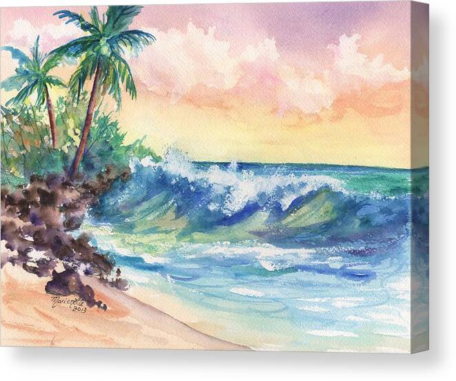 Ocean Waves Canvas Print featuring the painting Crashing Waves at Sunrise by Marionette Taboniar