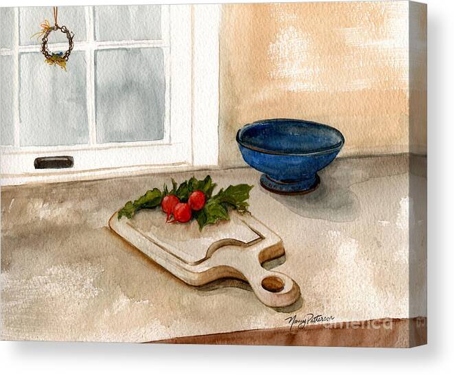 Country Kitchen Canvas Print featuring the painting Cutting Board And Radishes by Nancy Patterson