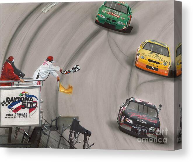 Car Canvas Print featuring the drawing Dale Earnhardt wins Daytona 500-Checkered Flag by Paul Kuras
