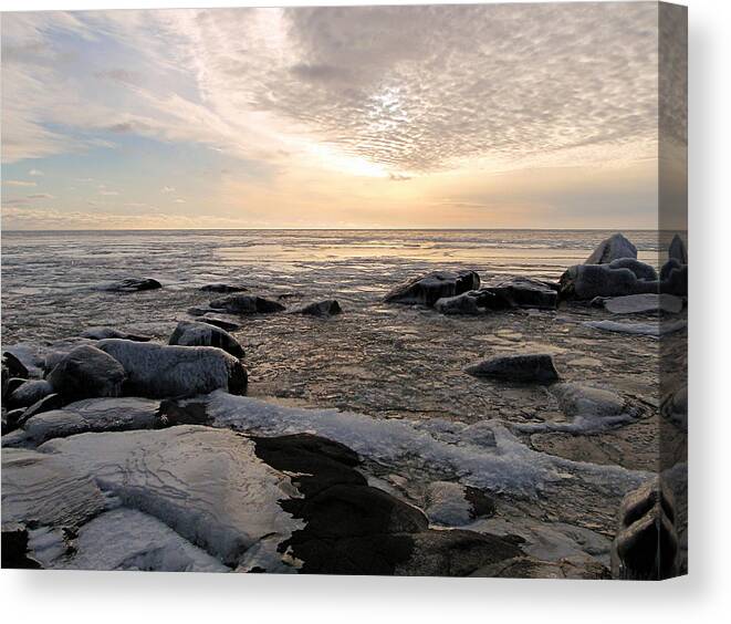 Lake Superior North Shore Nature Landscape Landscapes Seascapes Seascape Great Lakes Ice Icy Clouds Rocks Rock Boulder Boulders Shoreline Cloudscape Cloudscapes Minnesota Mn Cove Point Lodge Winter Peaceful Tranquil Scenic Frozen Beauty Beautiful Captivating Sparkling Sparkle Dazzle Dazzling Dawn Sunrise Sunrises Pink Blue Sky Skies Wintertime Seasonal Season Cloudy Cloud Rocky Brilliant Sensational Splendid Stunning Sweet Cold Outdoor Water Outdoors Sea Stones Stone Weather Horizontal Twilight Canvas Print featuring the photograph Dazzling Winter on Lake Superior by James Peterson