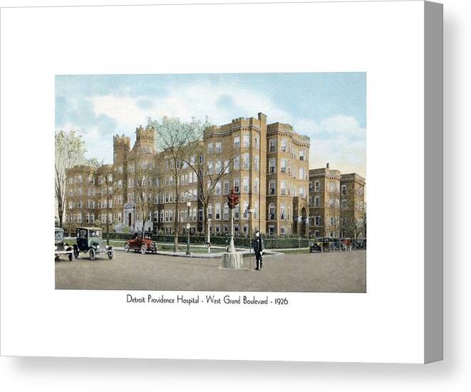 Detroit Canvas Print featuring the digital art Detroit - Providence Hospital - West Grand Boulevard - 1926 by John Madison