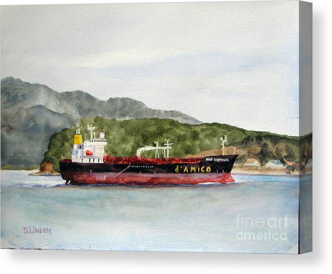 Ship Canvas Print featuring the painting Down the Guemes Channel San Juan Islands WA by Sandy Linden