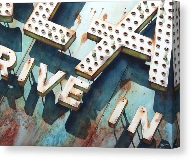 Old Sign Canvas Print featuring the painting Drive In by Greg and Linda Halom