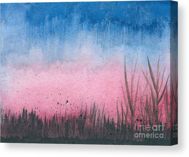 Art Artwork Painting Watercolor Watercolour Kyllo Dawn Sunrise Pink Blue Morning Early Bright Cheerful Upbeat New Beginning Day Daylight Bush Bushes Weed Weeds Inspire Inspirational Mood Positive Energy Start Renew Canvas Print featuring the painting Early Dawn by R Kyllo