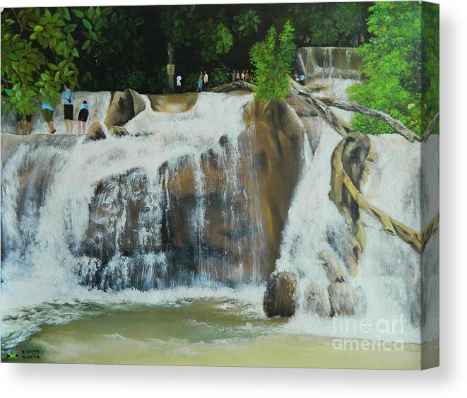 Water Canvas Print featuring the painting Enjoying Dunns River Falls Jamaica by Kenneth Harris