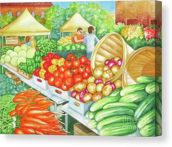 Market Scene Canvas Print featuring the painting Farmers Market View by Inese Poga