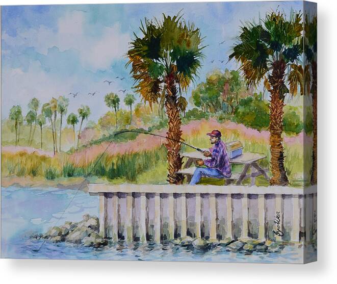 River Canvas Print featuring the painting Fishing on the Peir by Jyotika Shroff