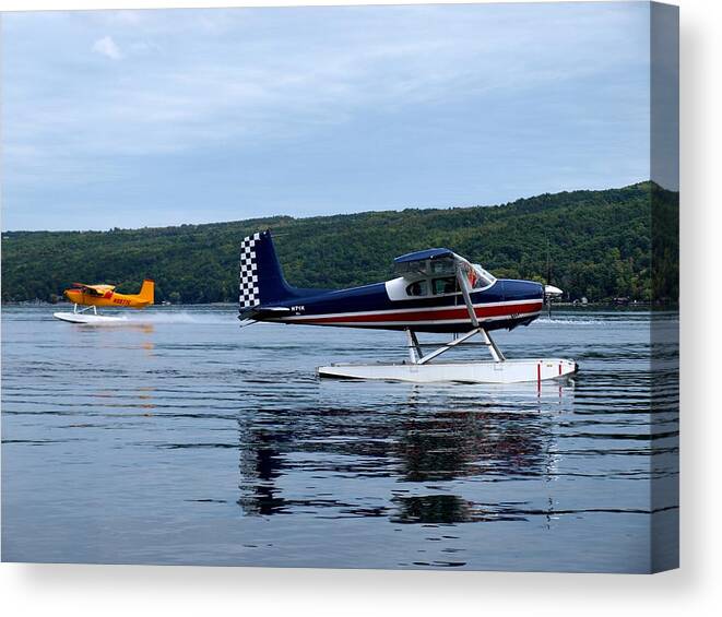 Cessna 180e Canvas Print featuring the photograph Float Planes on Keuka by Joshua House