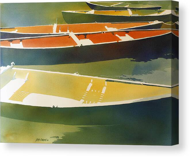 Colorful Boats on Calm Water Canvas Print featuring the painting Floaters by Kris Parins
