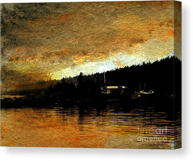 Golden Cove Bouy Quiet Bay Water Lake Sea Sunset Silhouette Freshwater Restful Relaxing Relaxed Relax Reflection Quiet Peaceful Peace Painting Nautical Mast Kyllo Art Artwork Pastel Photo Composite Late Evening Ripples Wave North Northern Pine Fir Evergreen Forest Shore Coast Coastline Woods Tree Trees Remote Calming Calm Blue Artwork Quiet Silent Muffled Tranquil Canvas Print featuring the mixed media Golden Cove by R Kyllo