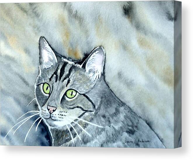 Cat Canvas Print featuring the painting Gray Tabby Cat by Laurie Anderson