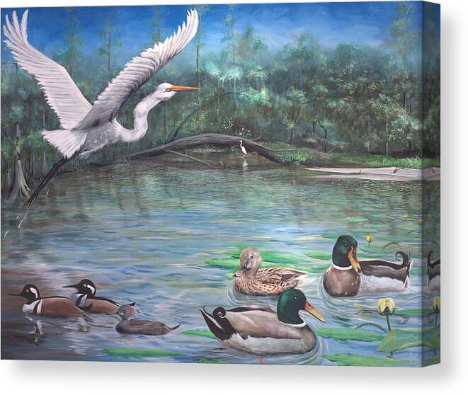 Egret Canvas Print featuring the painting Harmony On The River by Virginia Bond