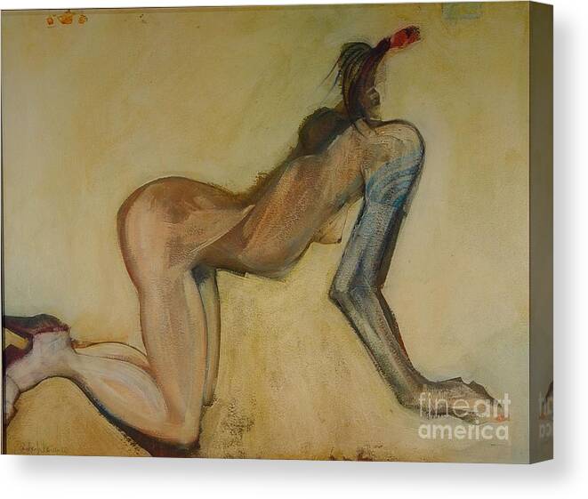 Female Nude Canvas Print featuring the painting Here Kitty Kitty - Female Nude by Carolyn Weltman