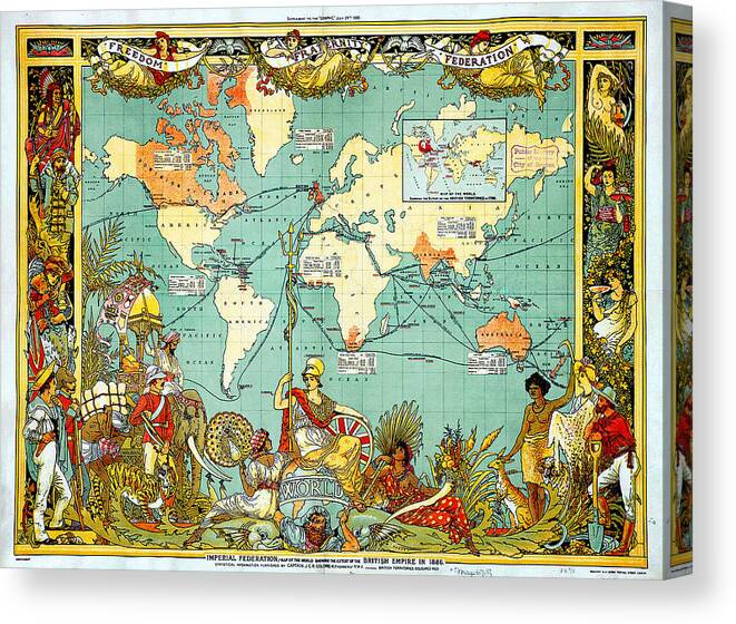 Imperial Federation Map Of The World Showing The Extent Of The British Empire In 1886 Levelled Canvas Print featuring the painting Imperial Federation Map of the World Showing the Extent of the British Empire in 1886 levelled by MotionAge Designs